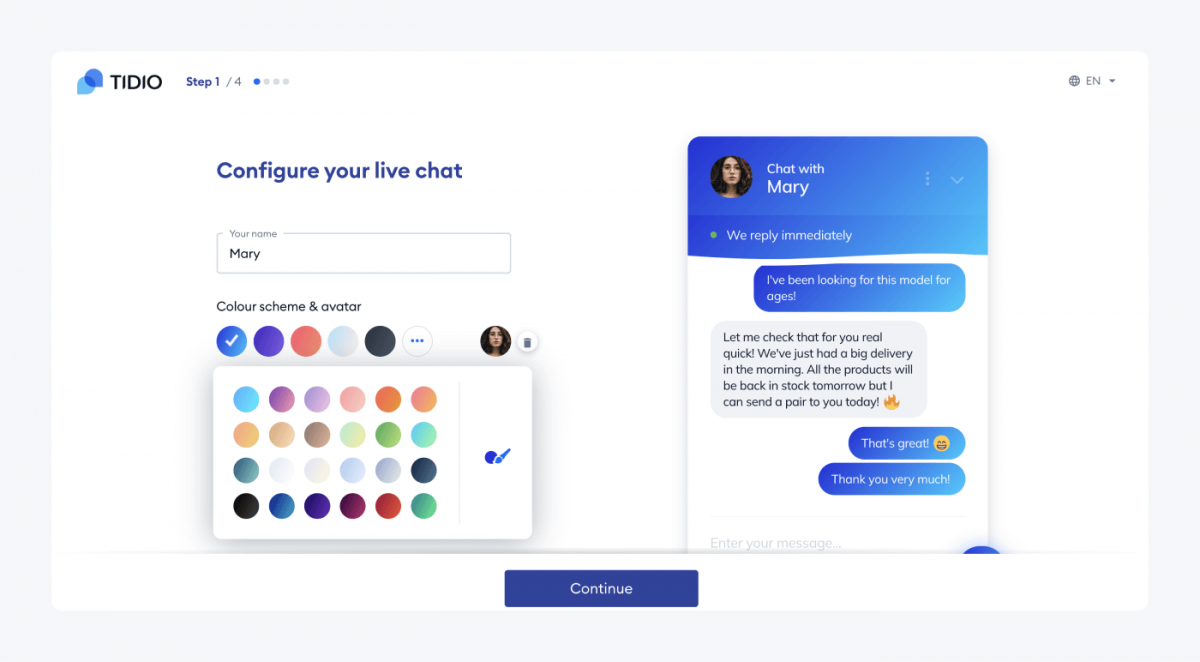 Tidio live chat configuration during onboarding tour