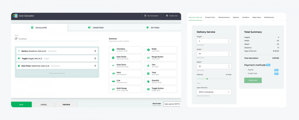 Cost Calculator Builder settings in wordpress