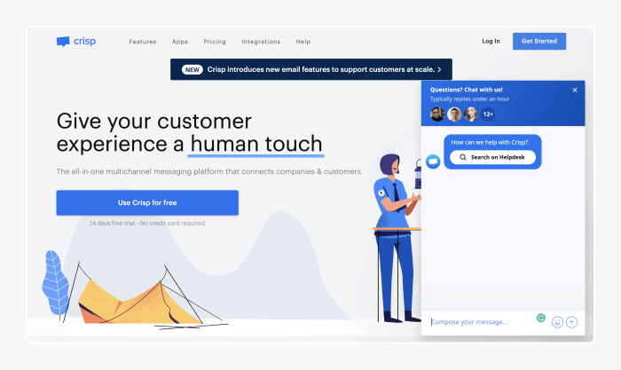 Crisp's website with their live chat widget open