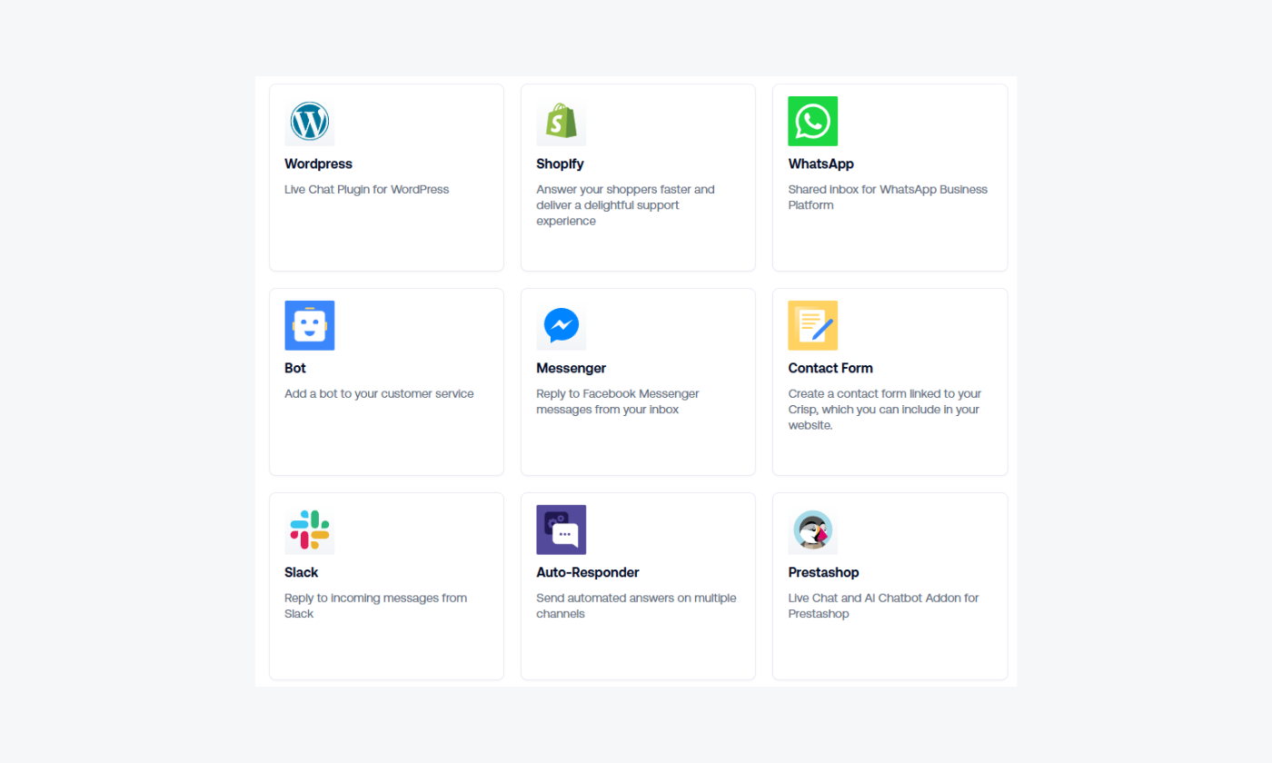 A screenshot of Crisp’s most popular integrations