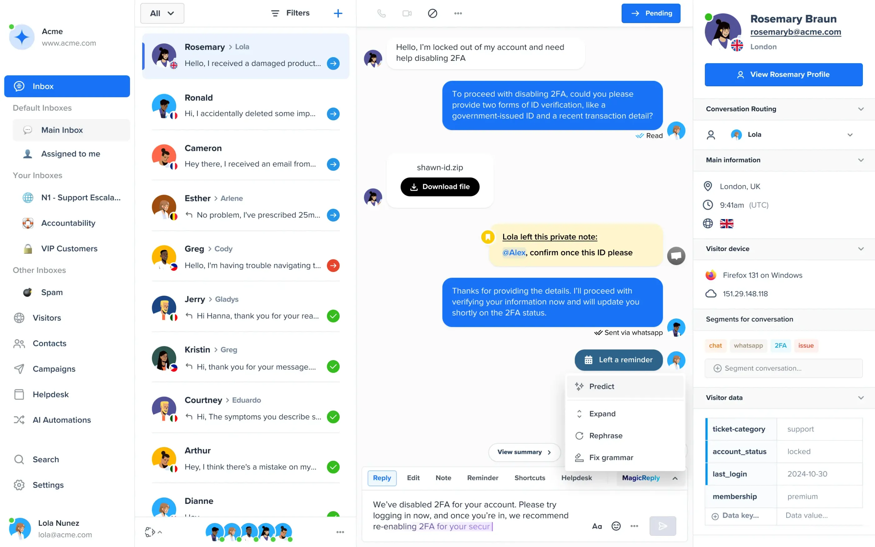 Crisp shared inbox with a live chat conversation