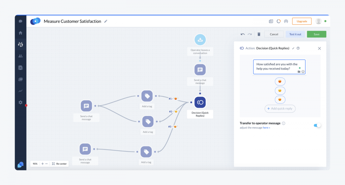 Tidio panel with nodes and CSAT chatbot preview