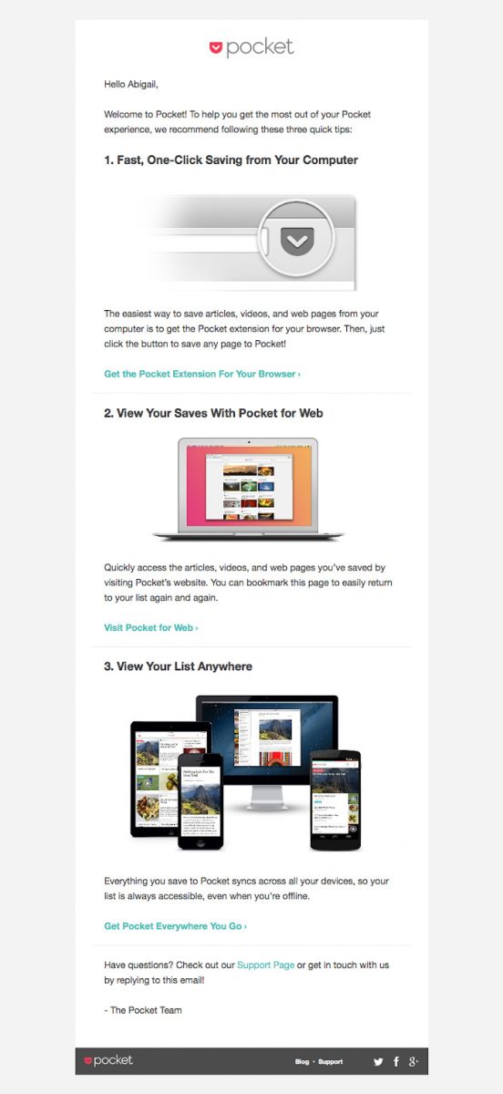 Customer onboarding email example from Pocket