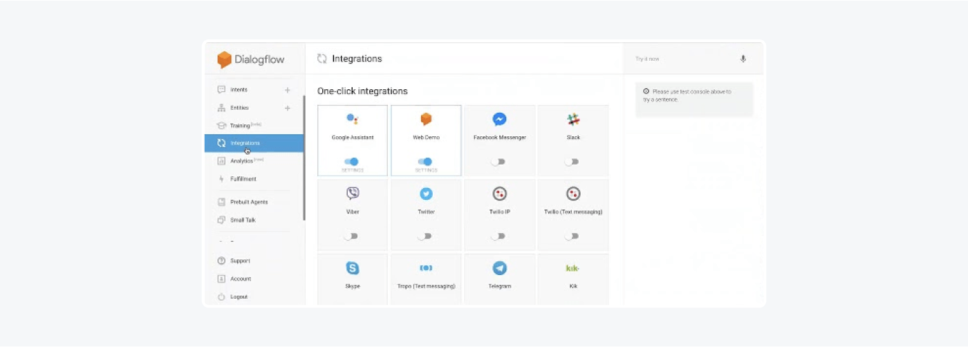 Dialogflow AI customer service company dashboard