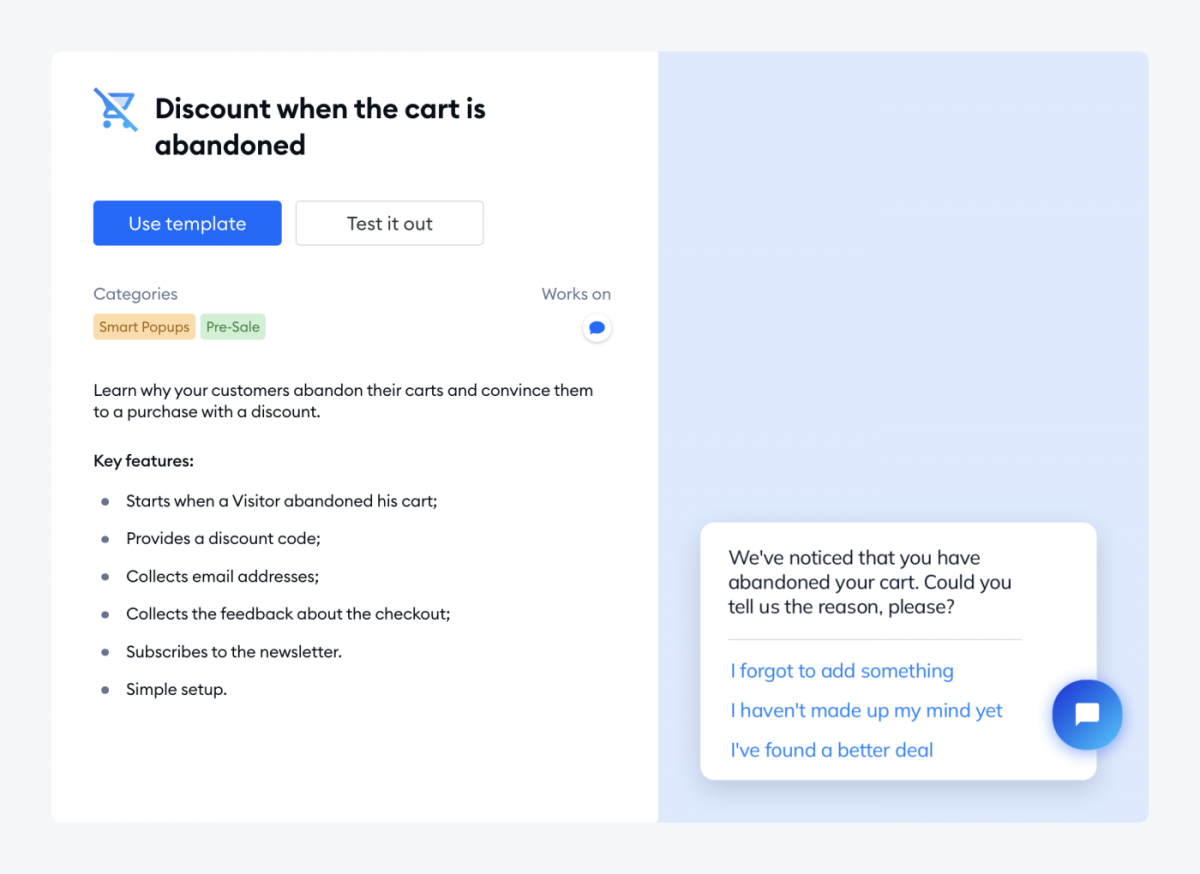 Example of a chatbot, powered by Tidio, offering discounts when the cart is abandoned