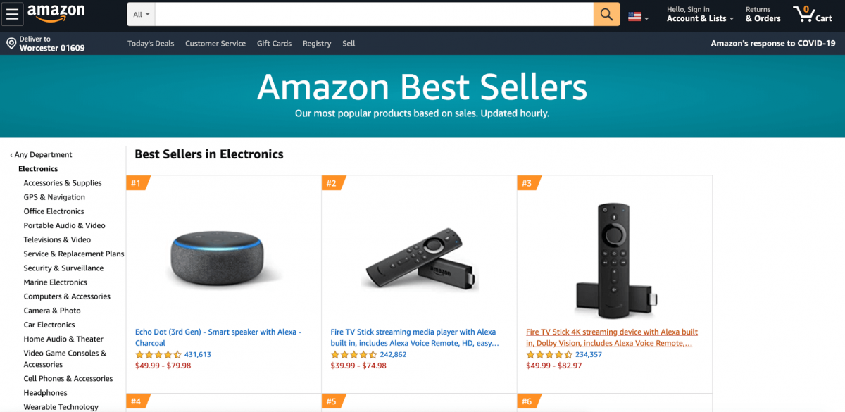 A screenshot of the Amazon website with trending products that you can sell with dropshipping