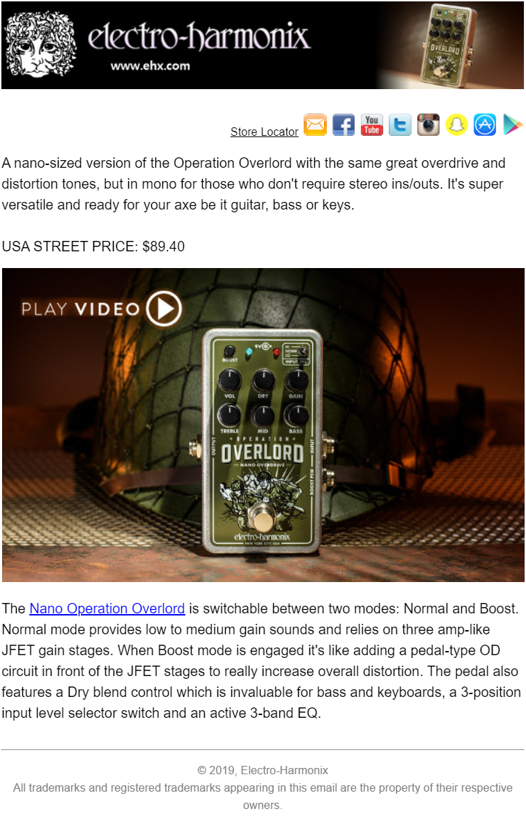 An Electro-Harmonix email campain with EHX logo in email header and Operation Overloard guitar pedal video