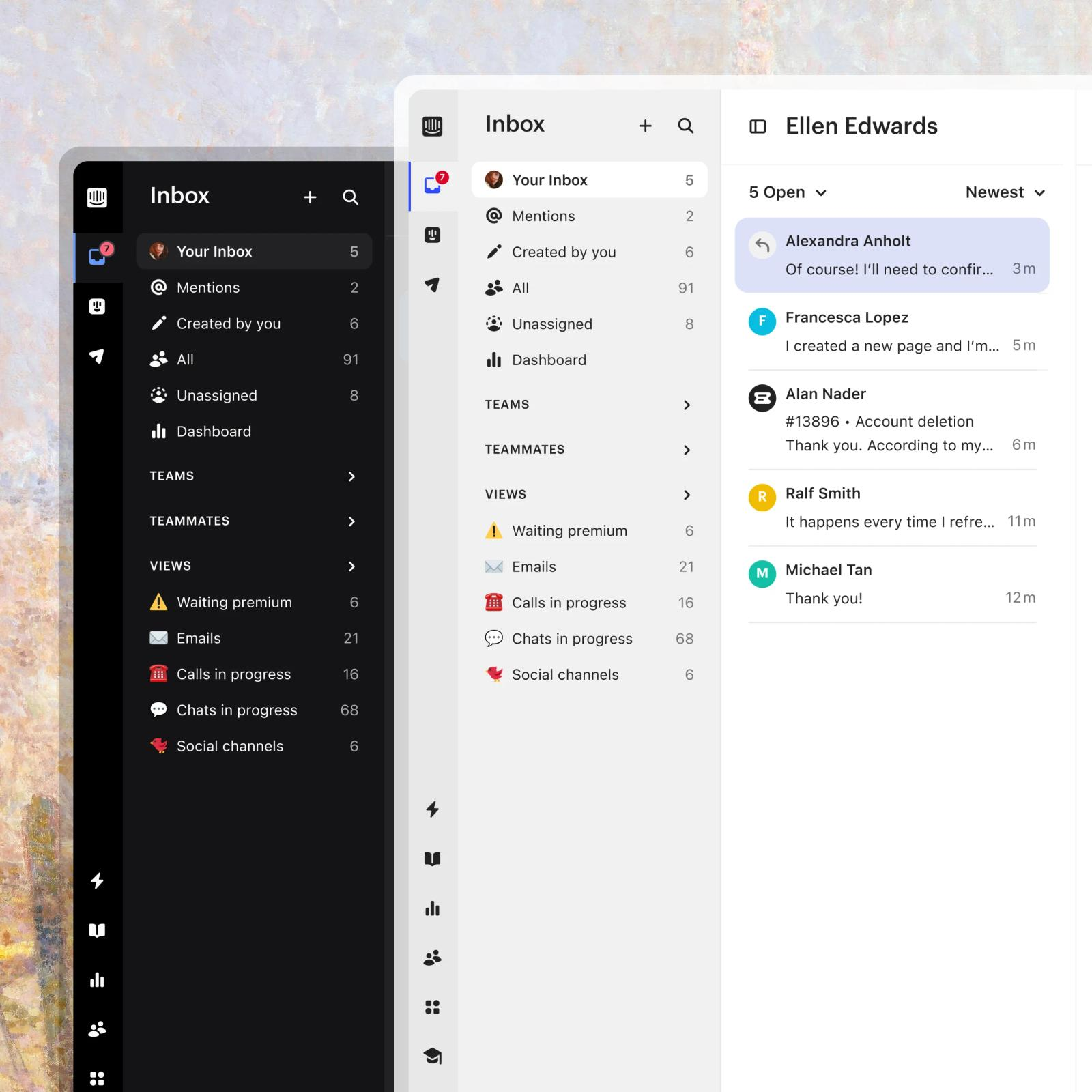 Intercom inbox with views for emails and chats and a list of open conversations
