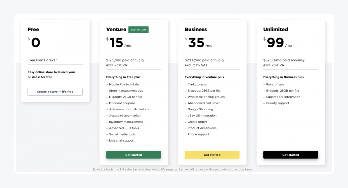 Ecwid pricing plans