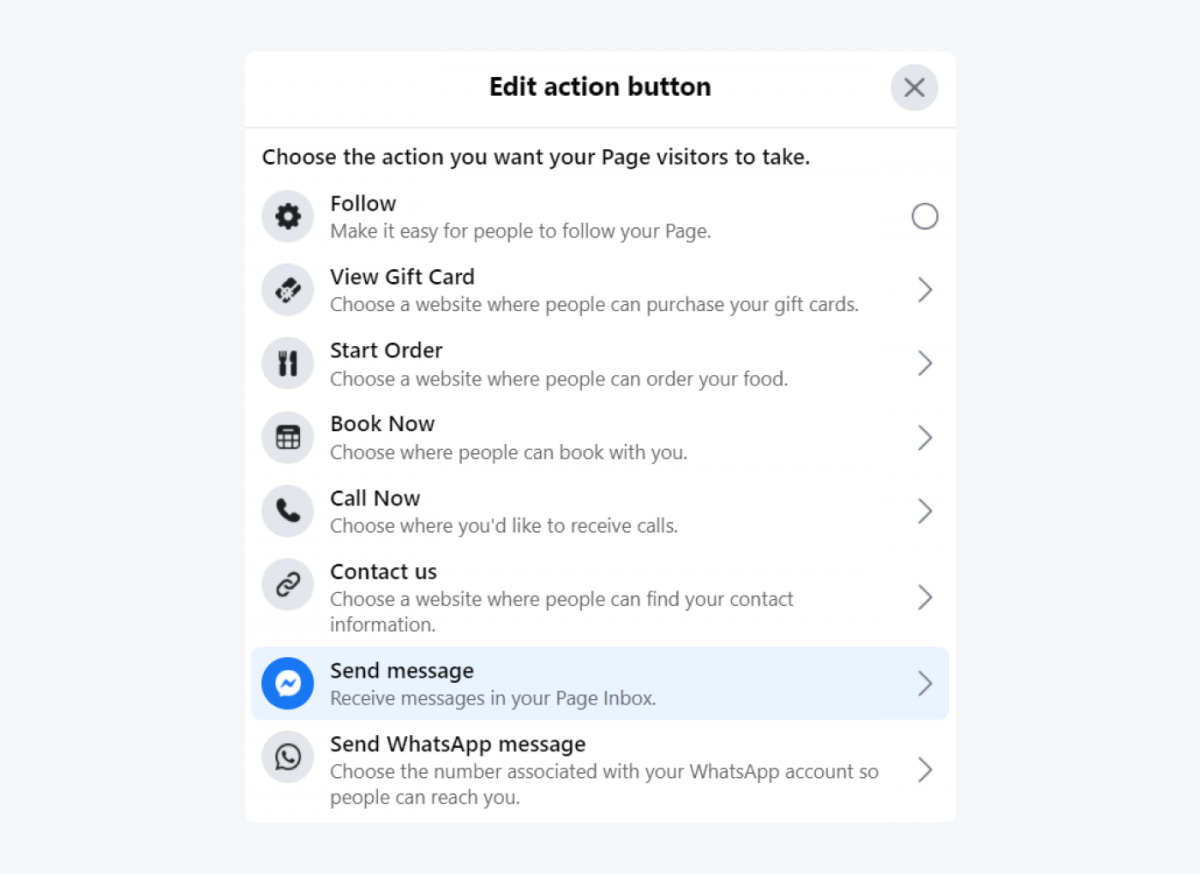 Action button settings in Messenger profile