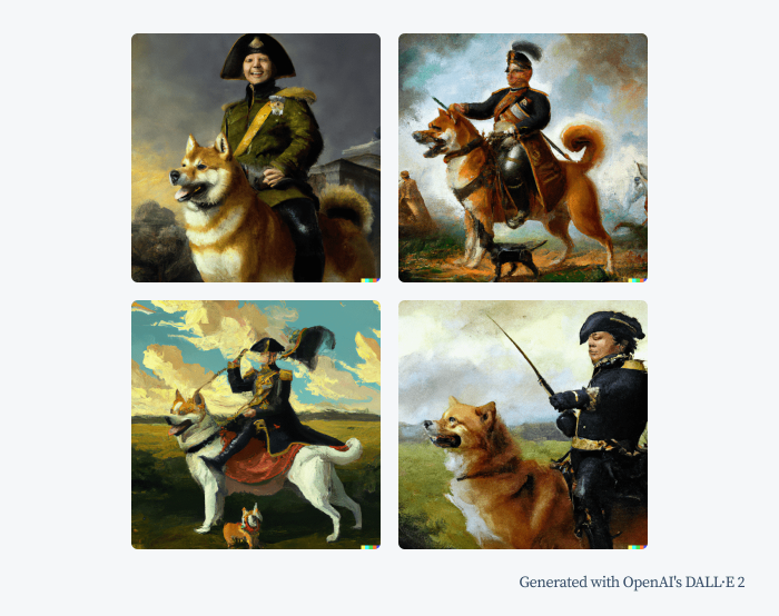  neo-classical oil painting of Elon Musk dressed as Napoleon riding a big Shiba Inu dog through a battlefield image