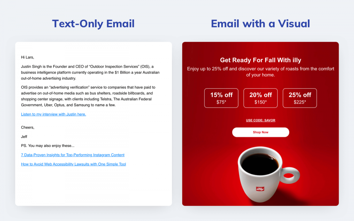 Text-only email vs visual email designed with an editor