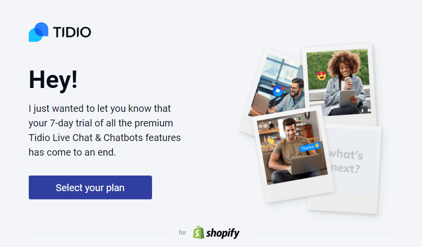 Tidio end of trial email for shopify