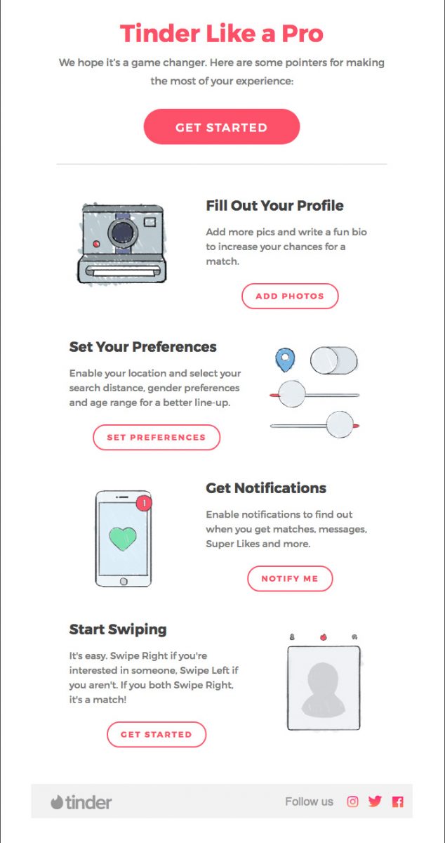 Customer onboarding email example from Tinder