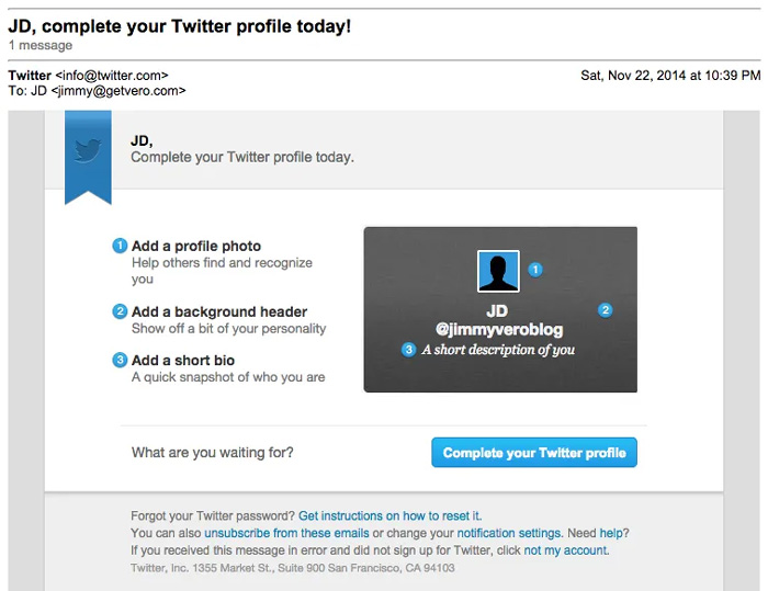 Customer onboarding email example from Twitter