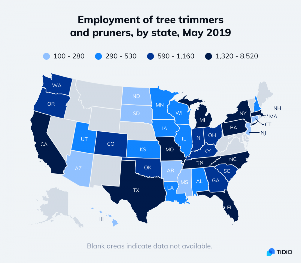 Map of employment of tree trimmers and pruners, by state, in May 2019