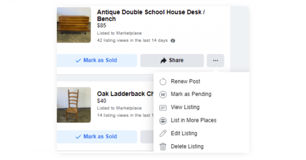 Image showing how to renew listing on FB Marketplace.