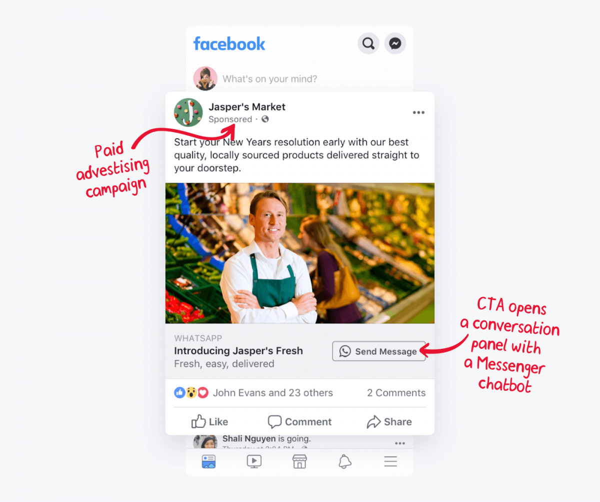 Example of a sponsored Facebook post where the CTA opens a conversation panel with a Messenger chatbot