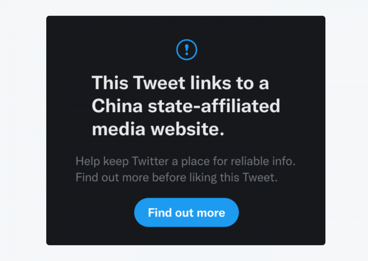 Twitter warning that says: " This Tweet links to a China state-affiliated media website. Help keep Twitter a place for reliable info. Find out more before liking this Tweet."