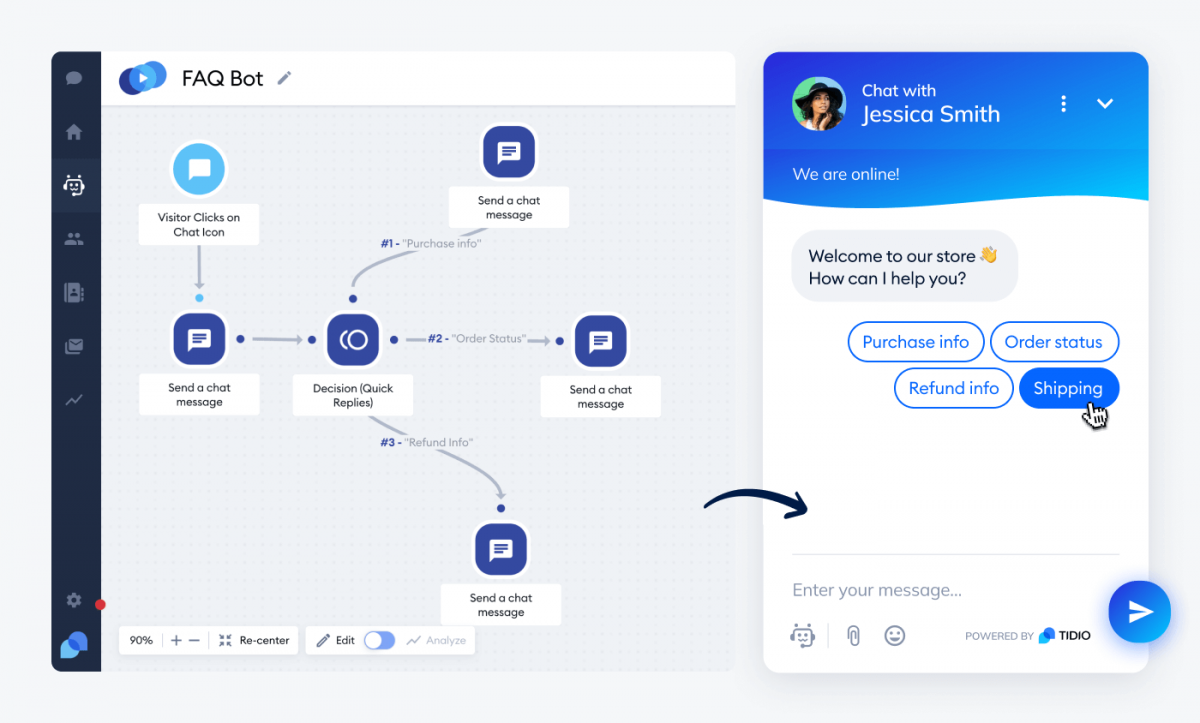 A view inside Tidio's chatbot building platform