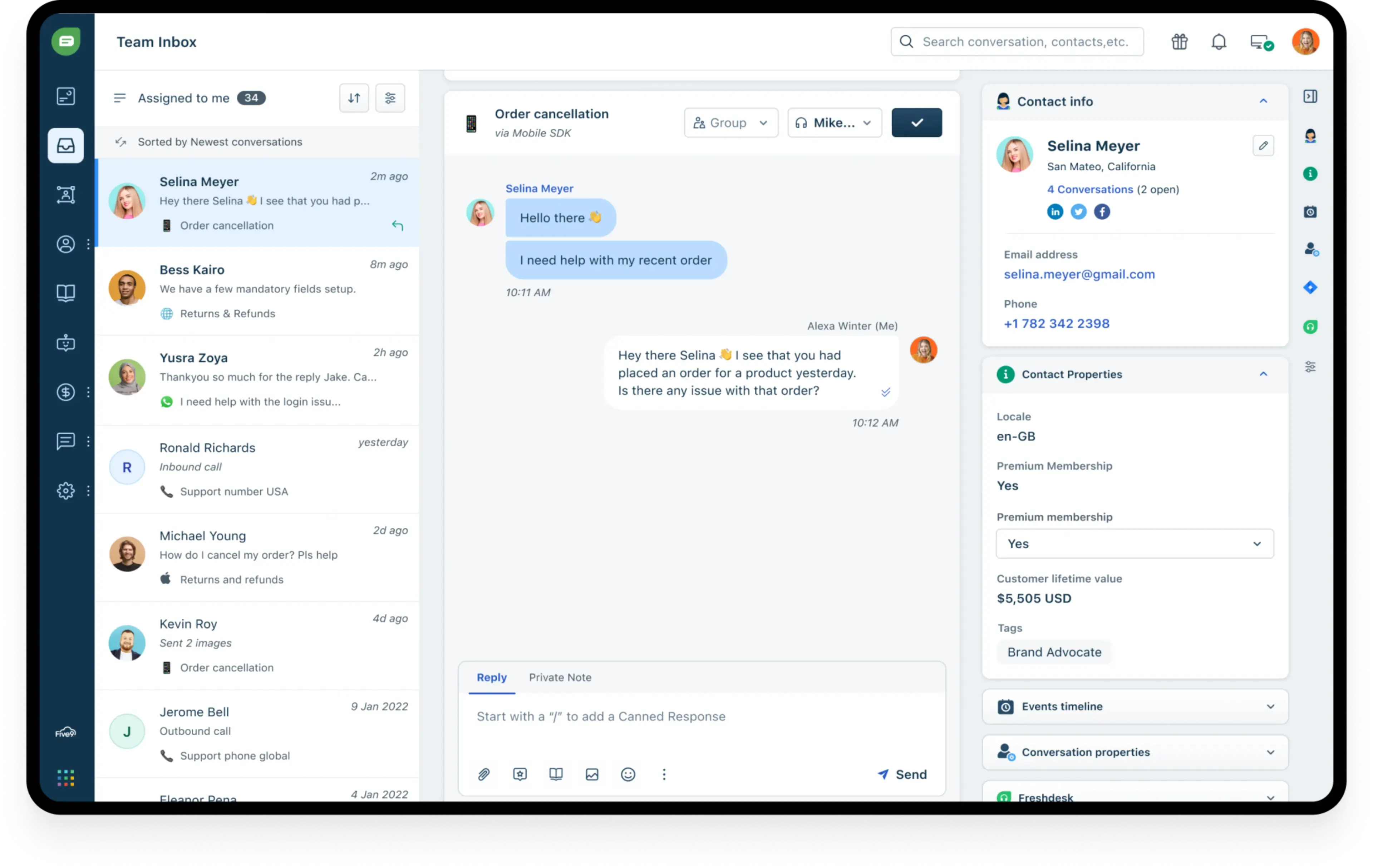 Freshchat team inbox with an open conversation and contact details