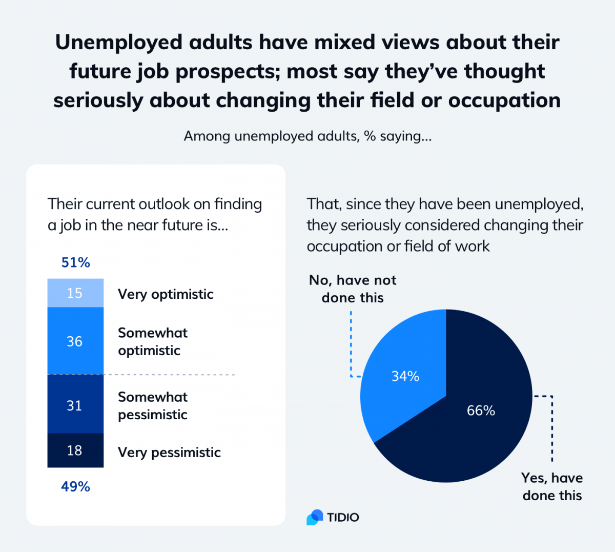 2 graphs showing unemployed adults views on their future prospects and the idea of changing their field or occupation