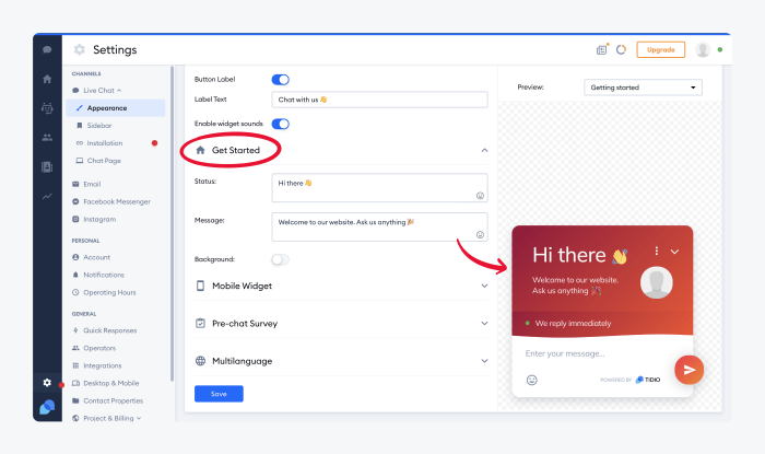 Snapshot of Appearance tab in Tidio settings panel with a Get Started section circled in the middle of the screen and an arrow pointing to the widget preview in the bottom right corner of the screen