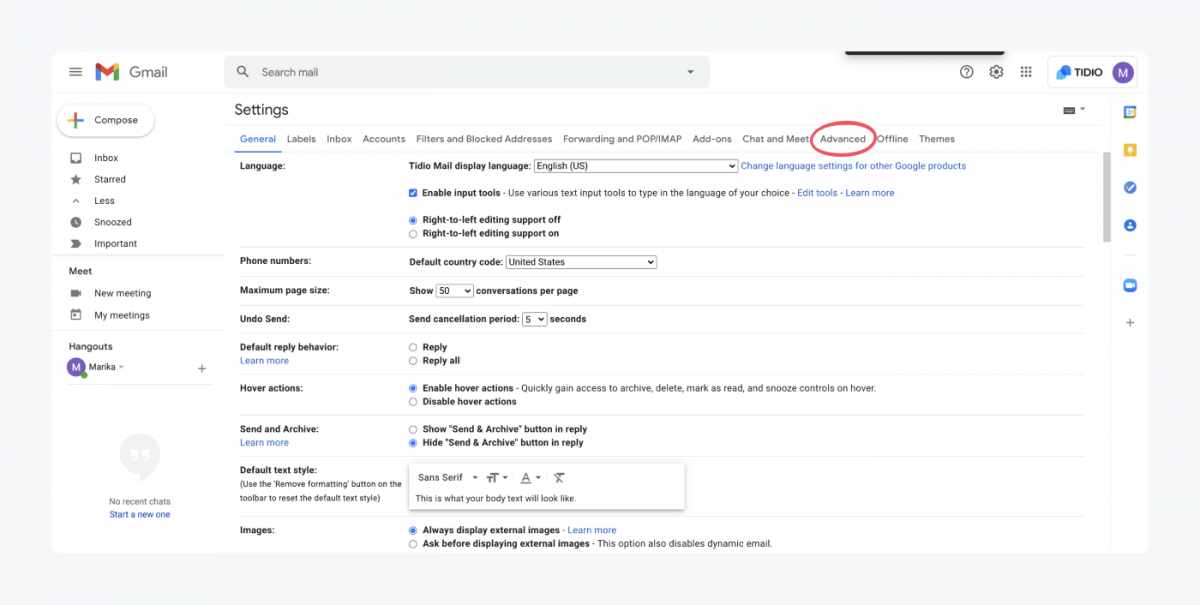 How to find advanced settings in Gmail