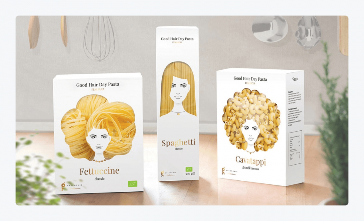Good Hair Day Pasta packaging examples of 3 different pasta types