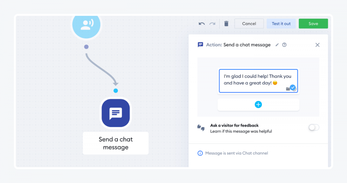 Chatbot script samples for a goodbye message in Tidio panel