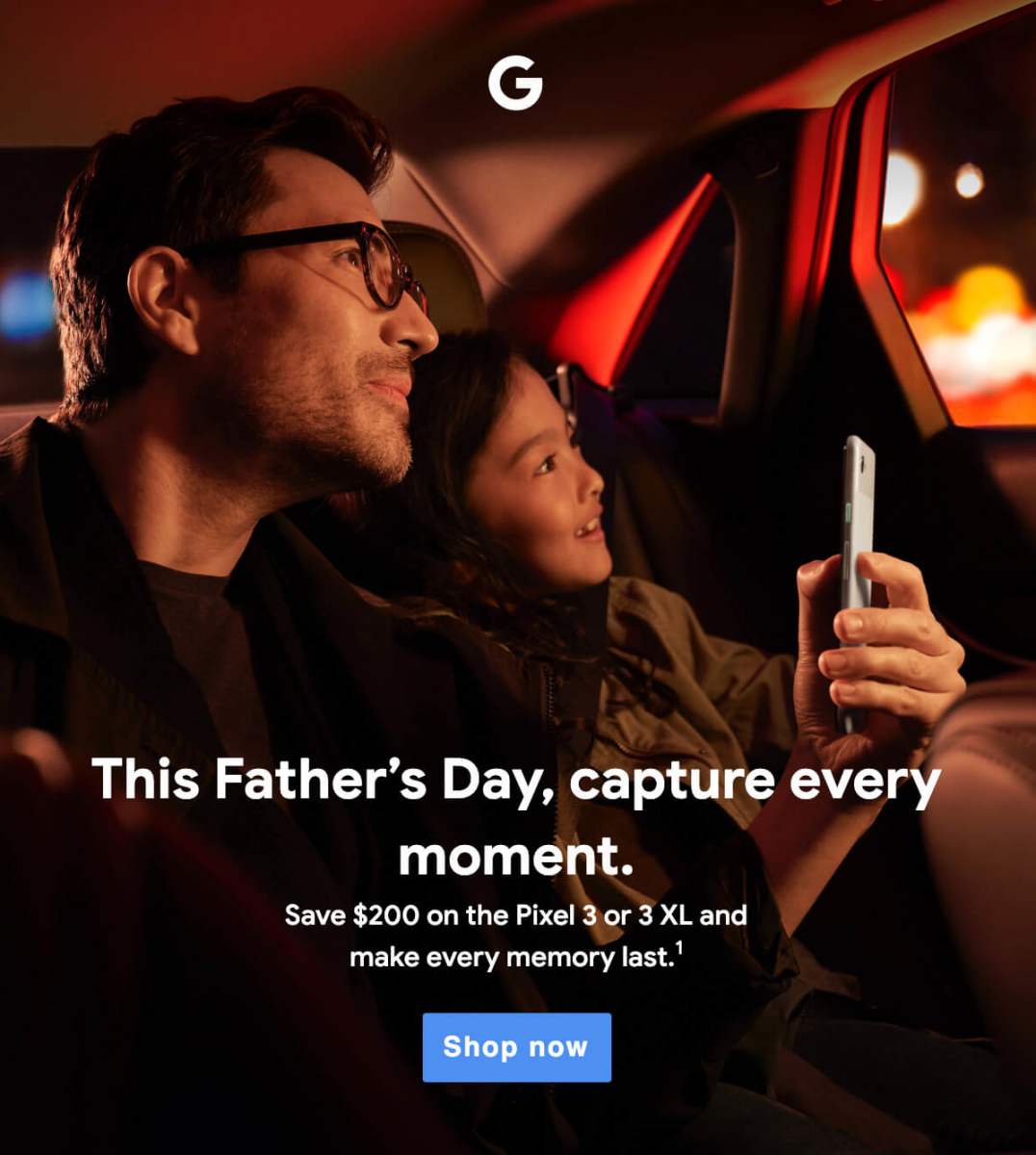 An advertisment showing a father and his daughter taking a selfie with a smartphone