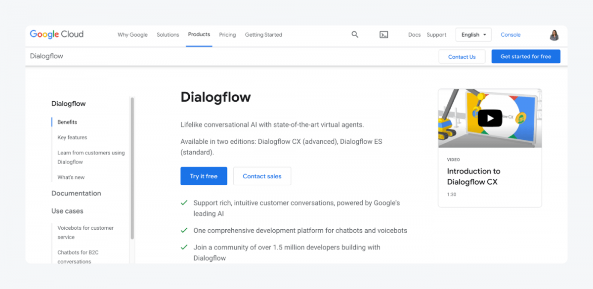 Pagina de dialogflow Captura de pantalla de la página de aterrizaje de Dialogflow