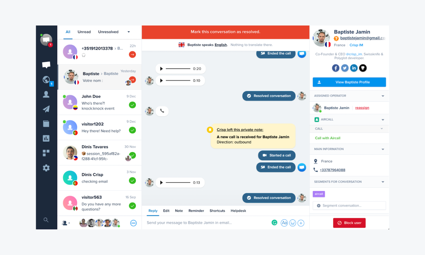 A screenshot of Crisp’s shared inbox