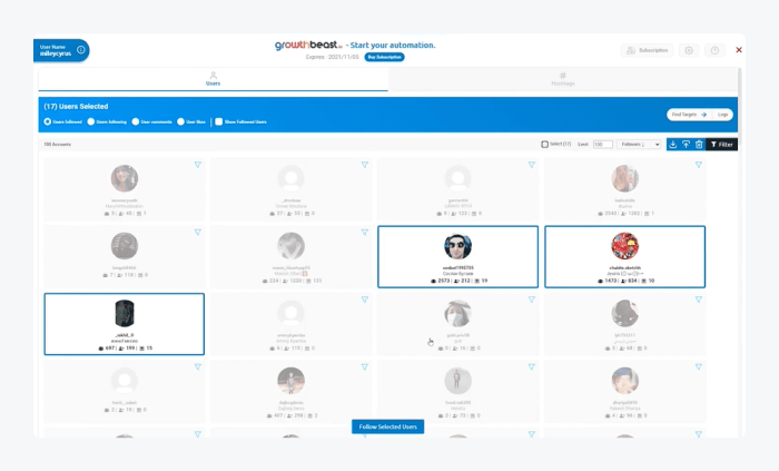 Panel de usuarios de Instagram Bot de la bestia del crecimiento Pantalla del panel de usuario del bot para Instagram de una bestia del crecimiento