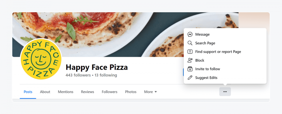 agregar messenger a tu sitio web Página de Facebook de Happy Face Pizza con una lista de opciones disponibles tras hacer clic en el icono de los 3 puntos a la derecha del menú