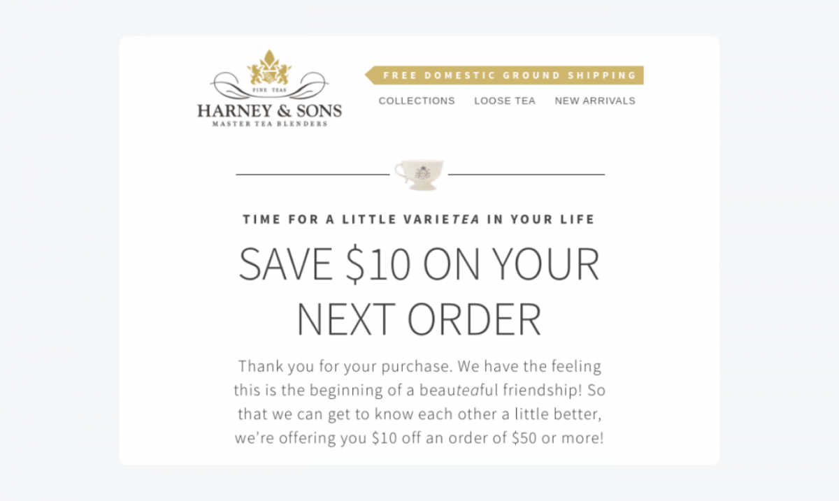 Post purchase email example by Harney&Sons