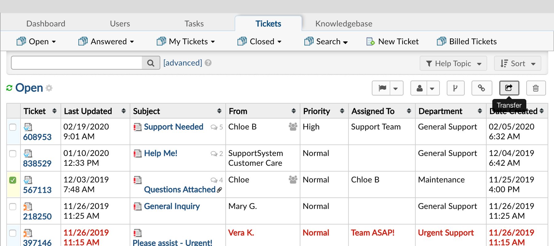 osTicket agent panel with an open ticket queue of subjects, priorities, and assignees