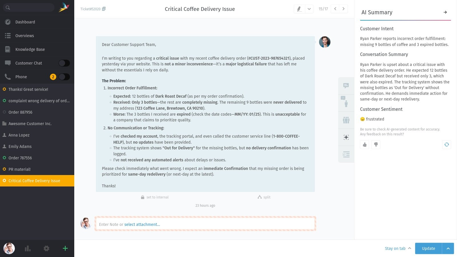 Zammad agent workspace with a customer email ticket and an AI summary panel