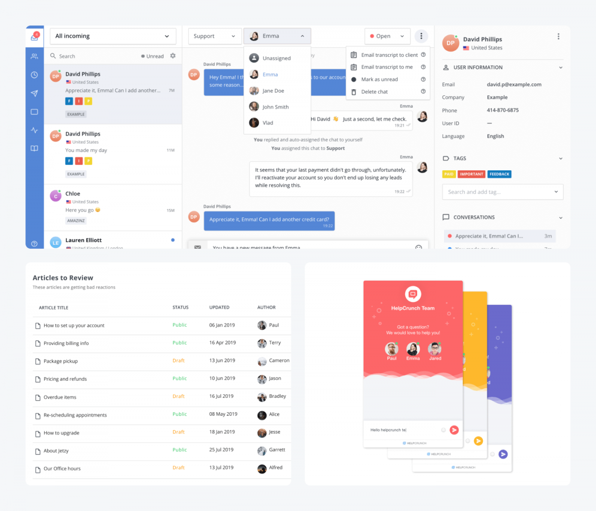 HelpCrunch's dashboard screenshots