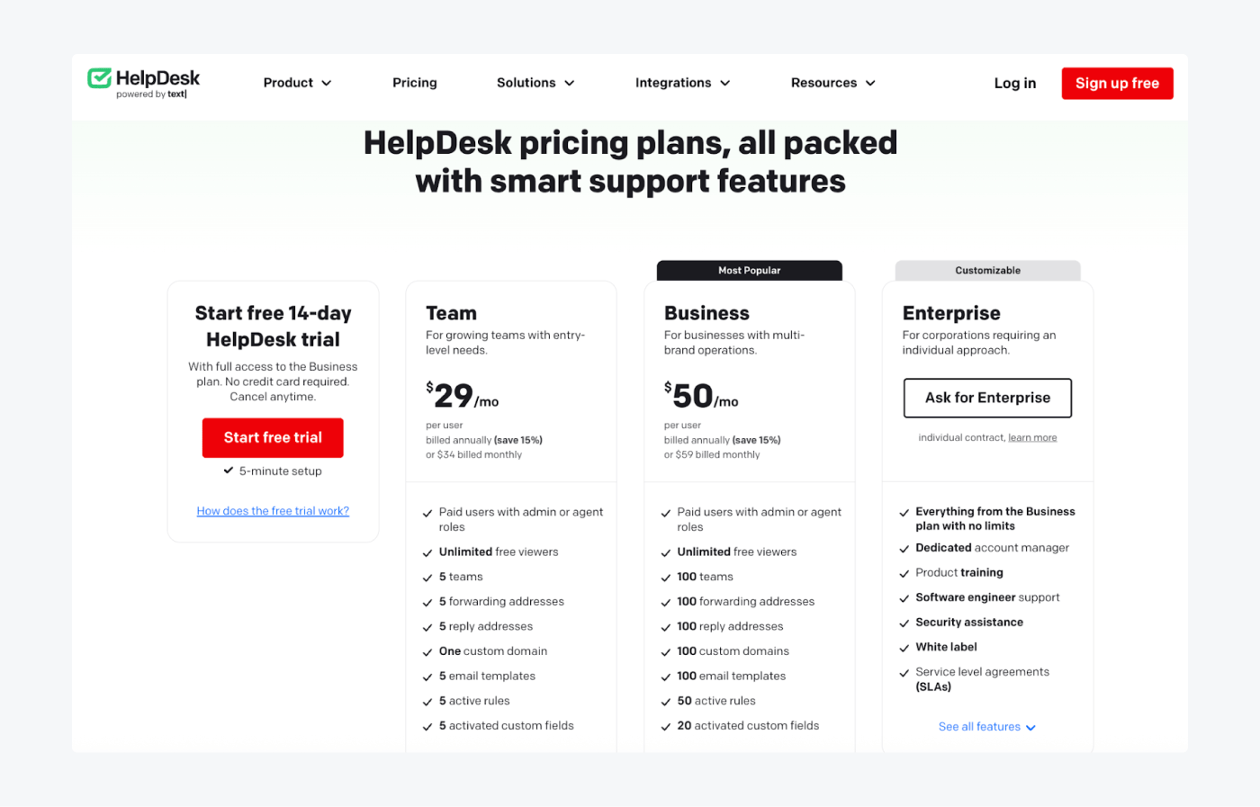 Pricing plans of HelpDesk software and what they include