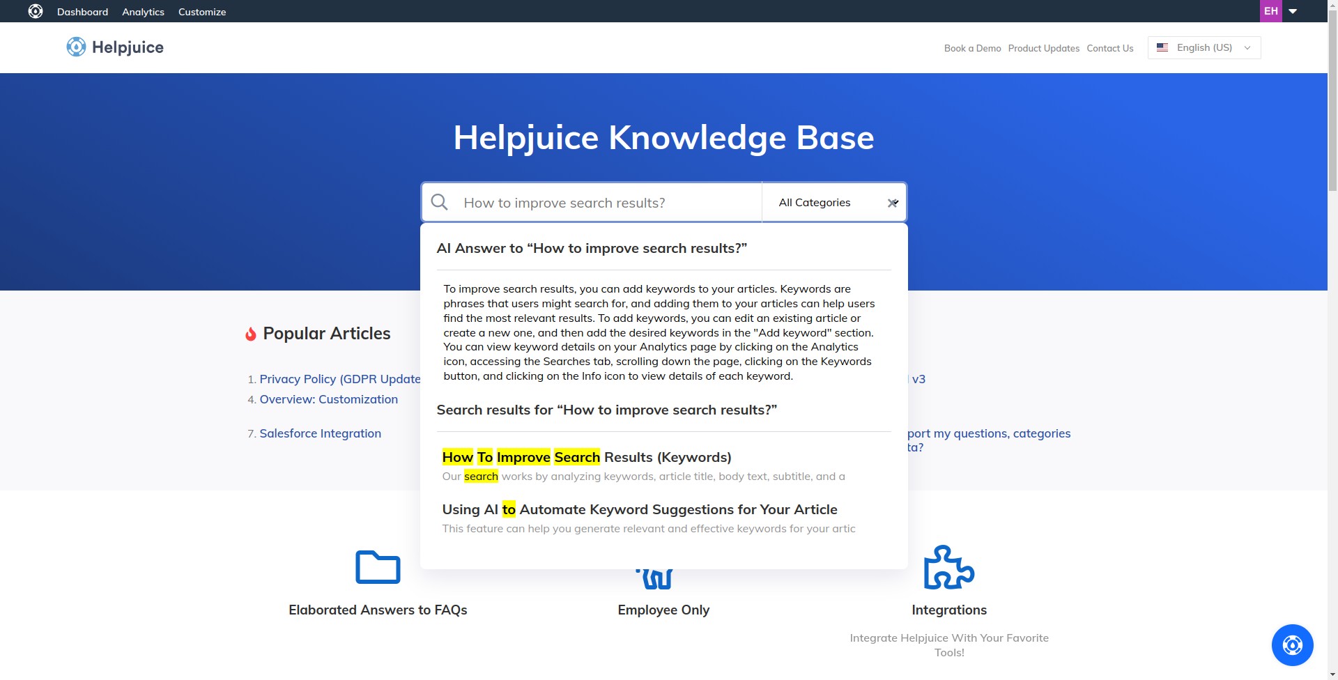 Helpjuice knowledge base where an AI answer appears under the search bar