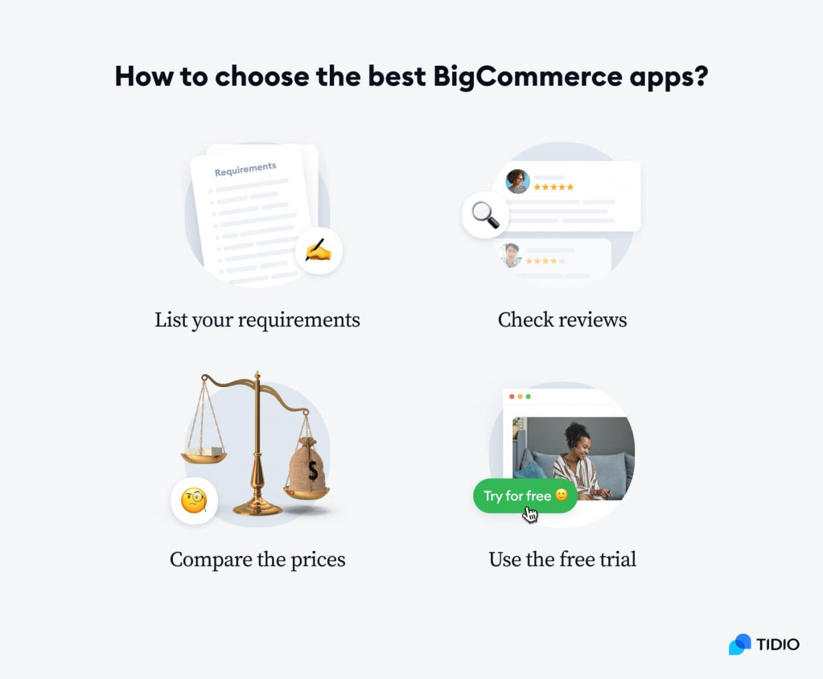 How to choose the best BigCommerce apps? How to choose the best BigCommerce apps?: List your requirements, check reviews, compare the prices, and use the free trial