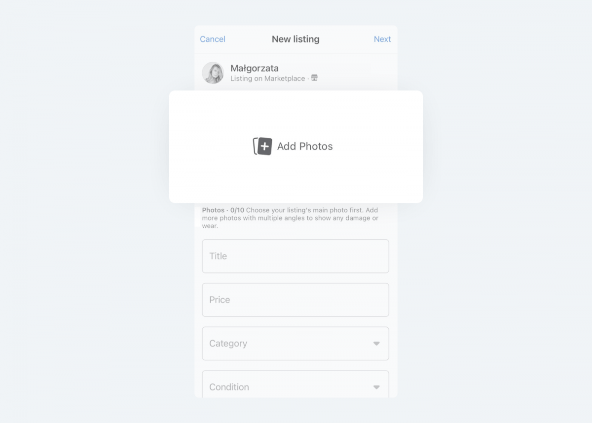 Image showing how to add photos on Facebook Marketplace listing.