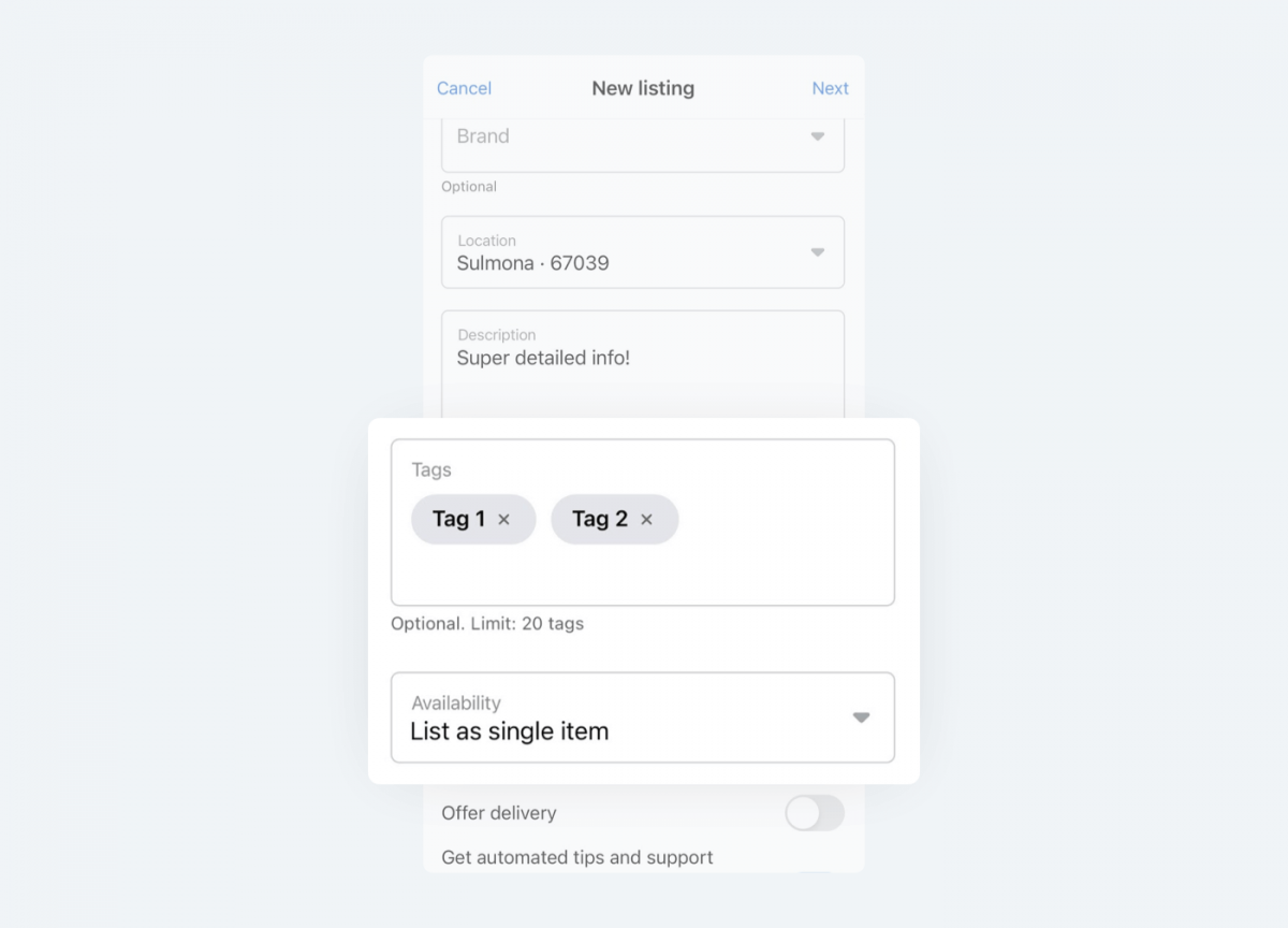 Image showing where to enter tags and availability information about the listing of the item we want to sell on FB Marketplace.