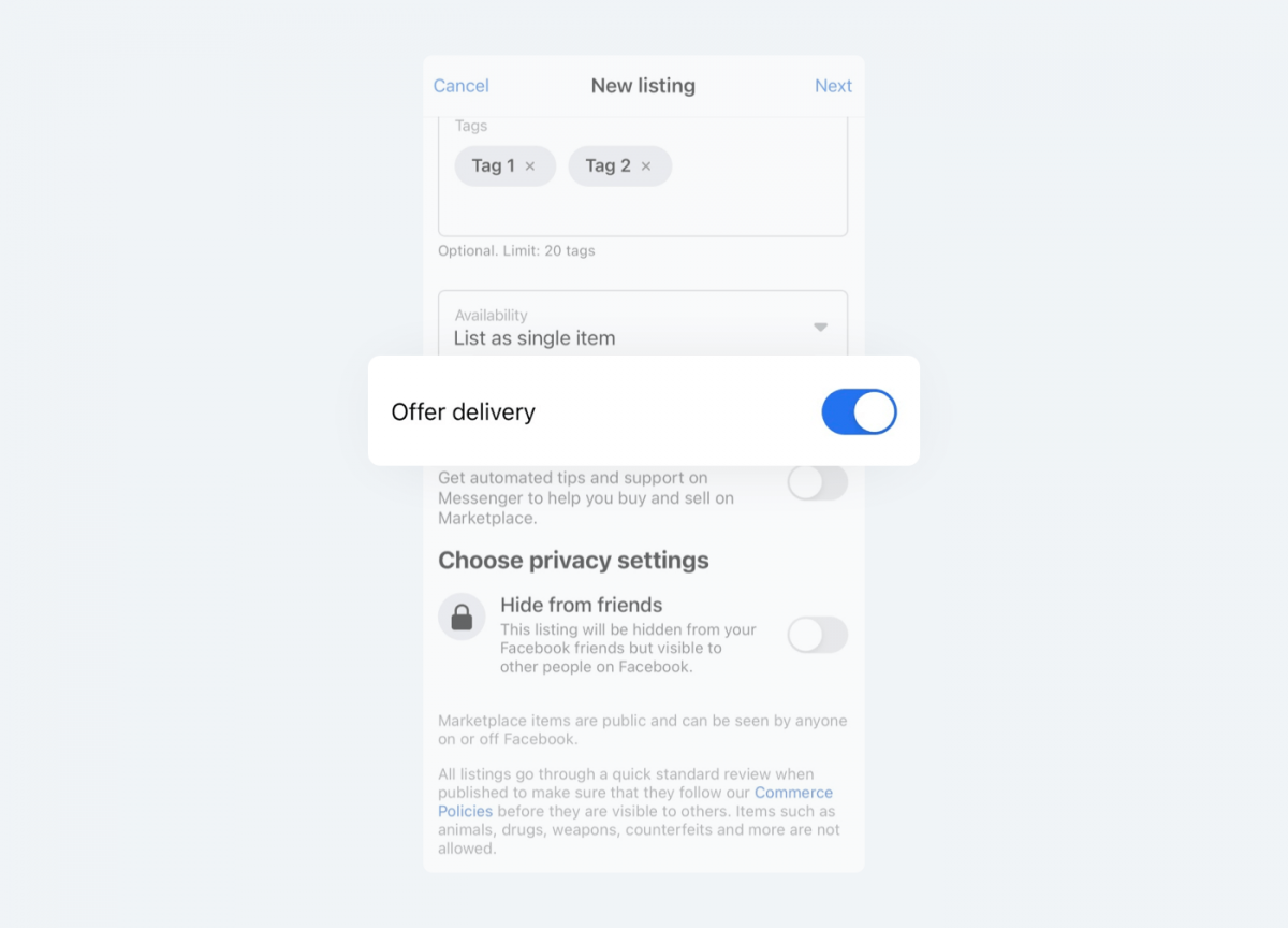 Image showing how to offer delivery on Facebook Marketplace.