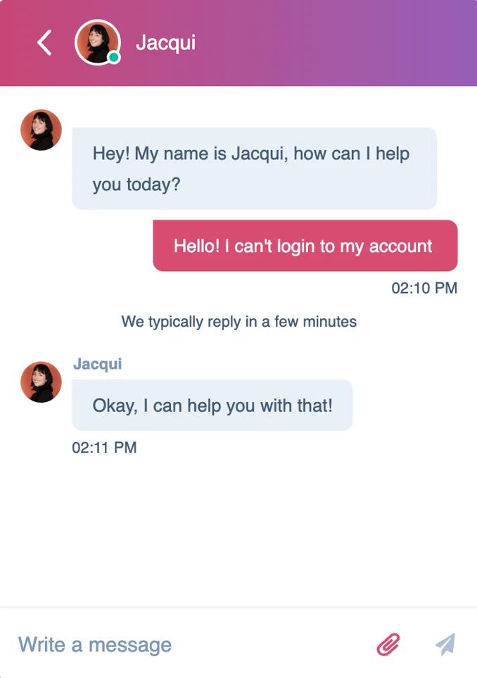 HubSpot chat widget with an agent greeting and a visitor message