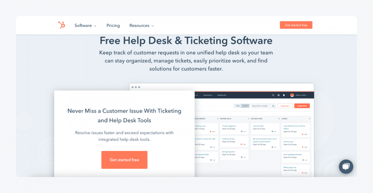 HubSpot ticketing system homepage