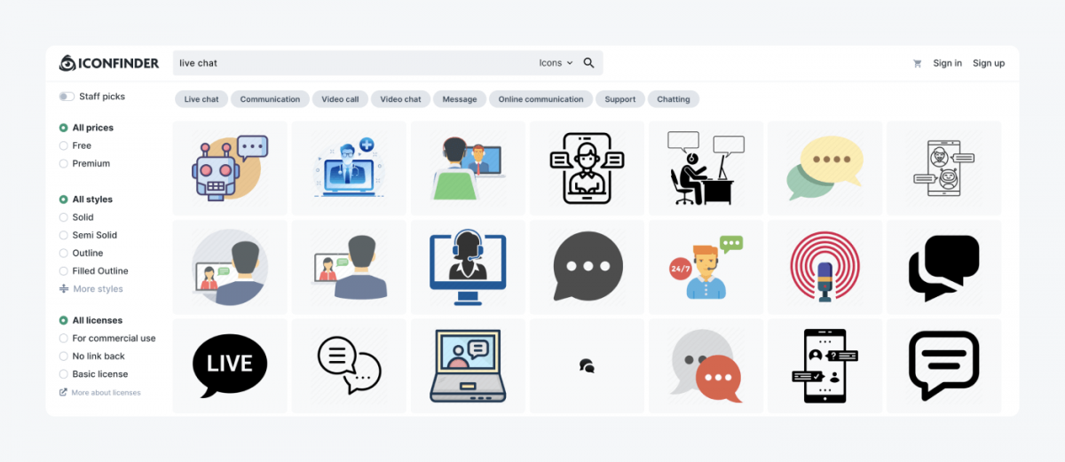Search results for the phrase live chat icon in Iconfinder internal search