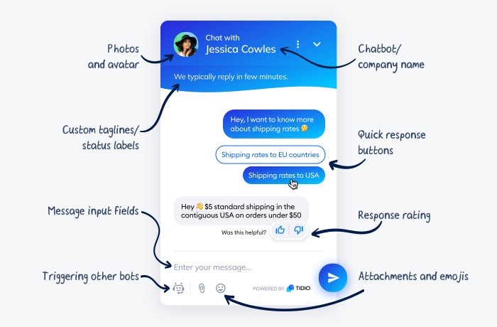 Elements of Tidio chatbot user interface