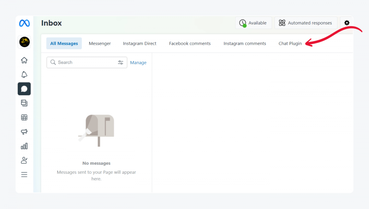 agregar messenger a tu sitio web Pestaña Bandeja de entrada con una flecha apuntando al texto del enlace del plugin de chat en el menú superior